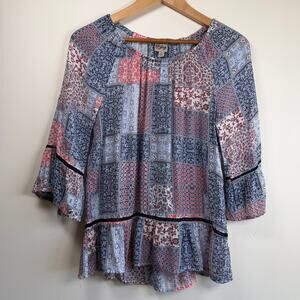Como Vintage Blue Pink Patchwork Boho Peasant Tunic Blouse Size S Lagenlook